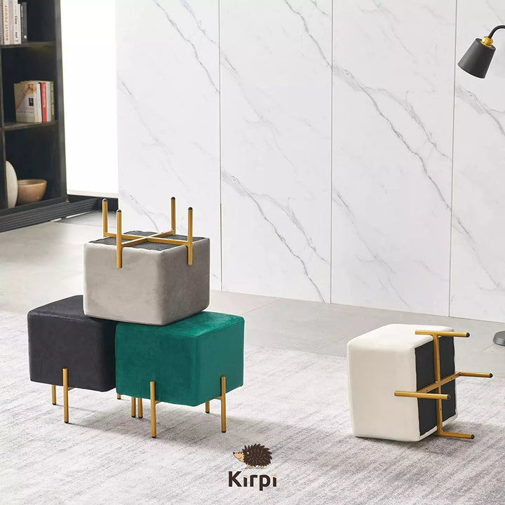 Set of 2 Velvet Ottoman Stool, Modern Gold Vanity Stool Square, Cream