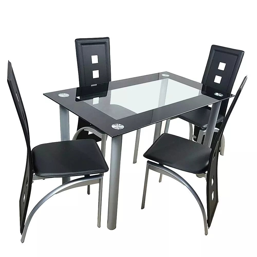 5 Piece Glass Dining Table Set with 4 Faux Leather Chairs, Black