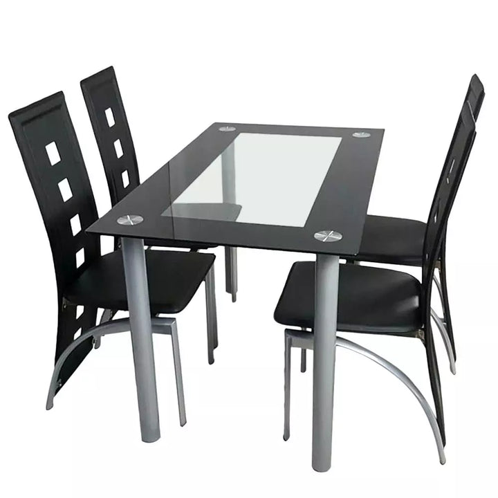 5 Piece Glass Dining Table Set with 4 Faux Leather Chairs, Black