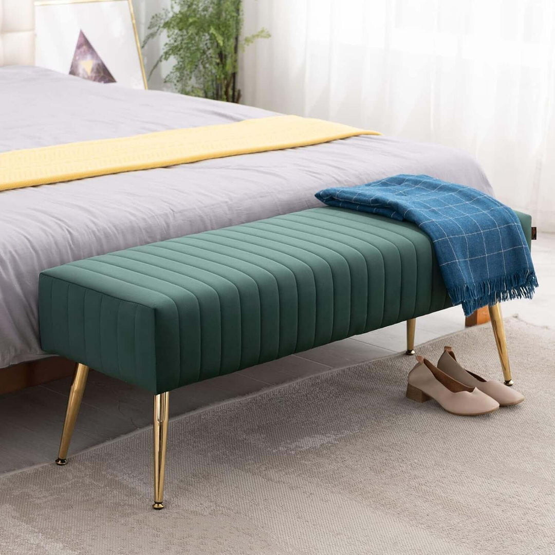 44 Inch Green Velvet Ottoman Bench, Comfortable Footrest Stool