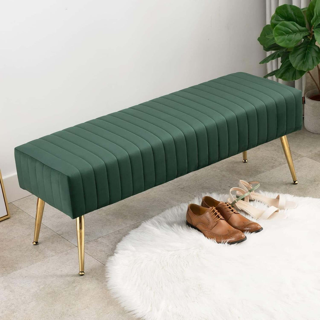 44 Inch Green Velvet Ottoman Bench, Comfortable Footrest Stool