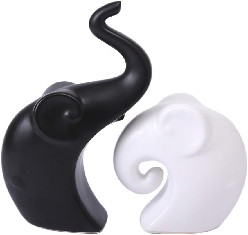 Ceramic Mother and Baby Elephant Statue, Black & White