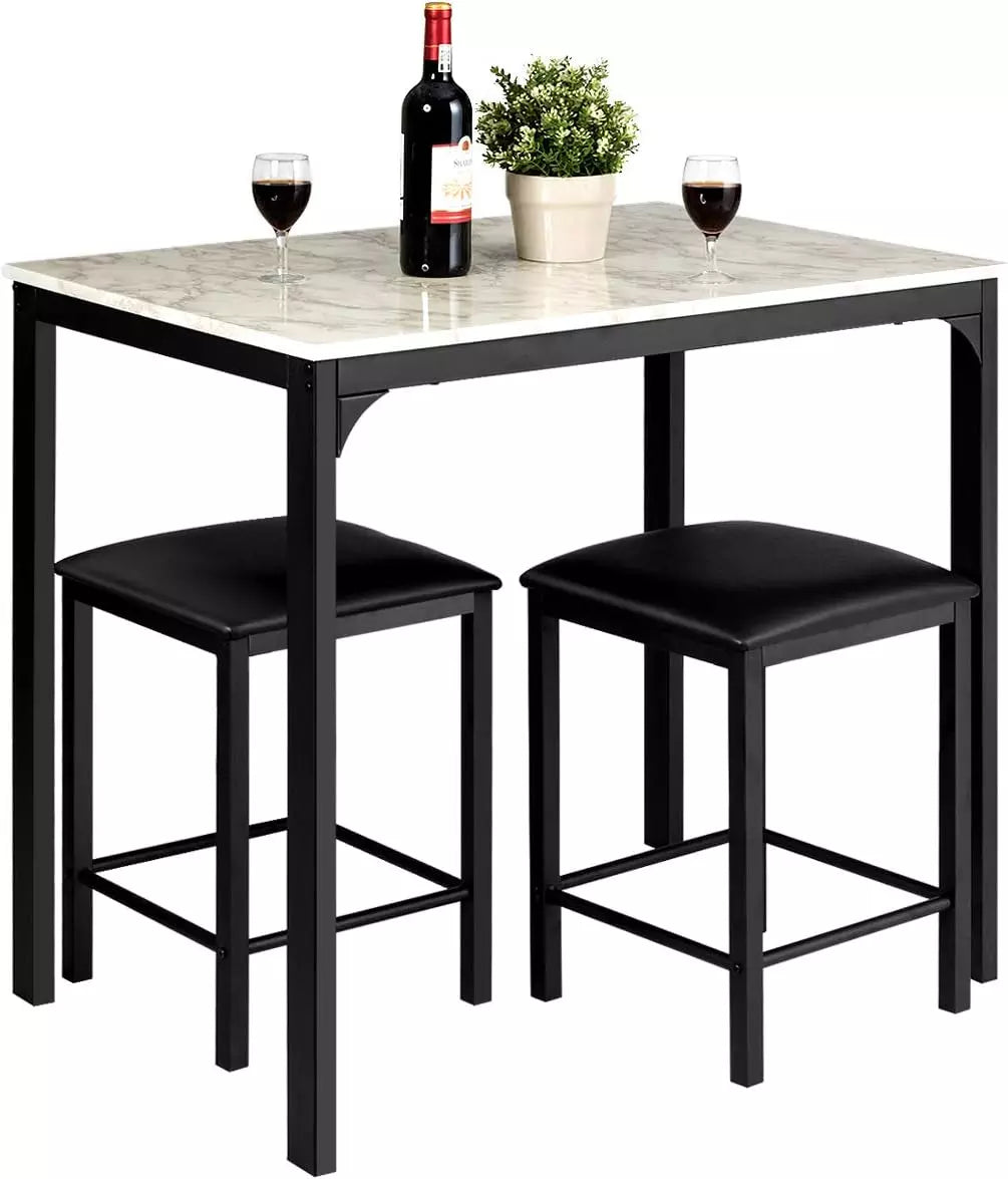 Dining Table and Chairs Set with Faux Marble Tabletop (White & Black)