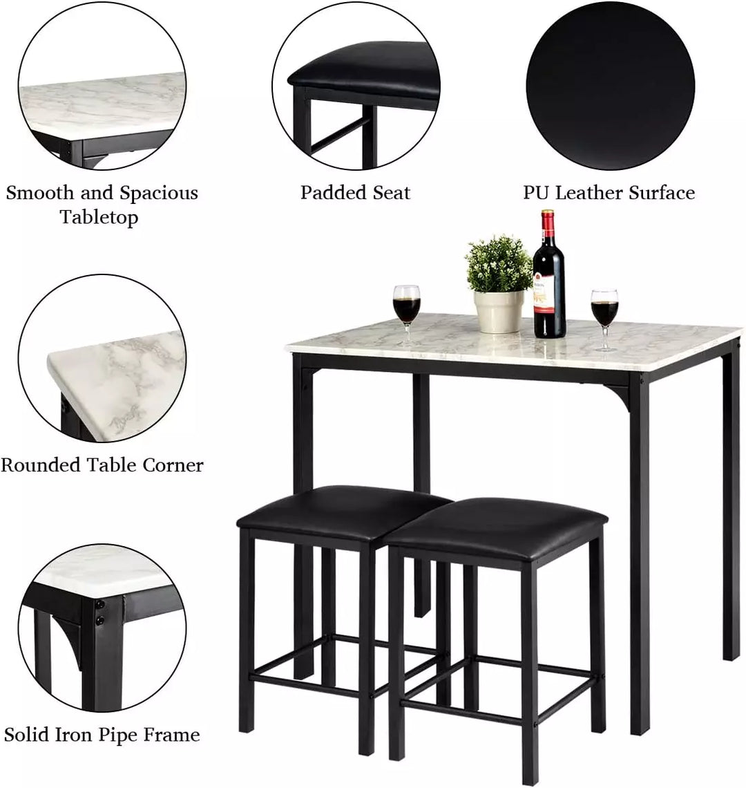 Dining Table and Chairs Set with Faux Marble Tabletop (White & Black)