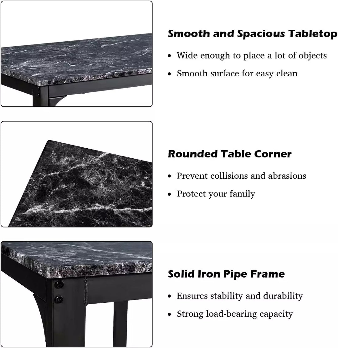 Dining Table and Chairs Set with Faux Marble Tabletop (Black)