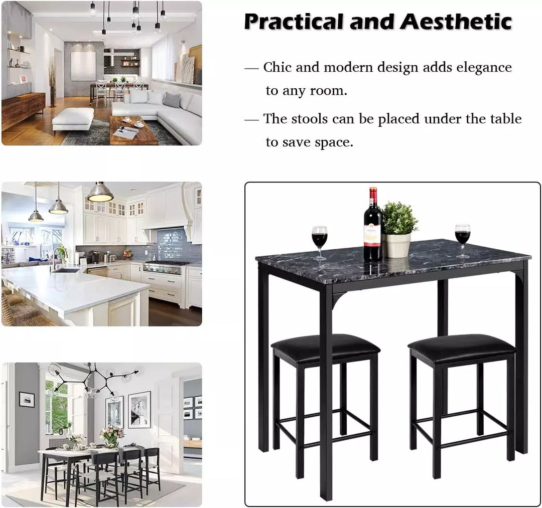 Dining Table and Chairs Set with Faux Marble Tabletop (Black)