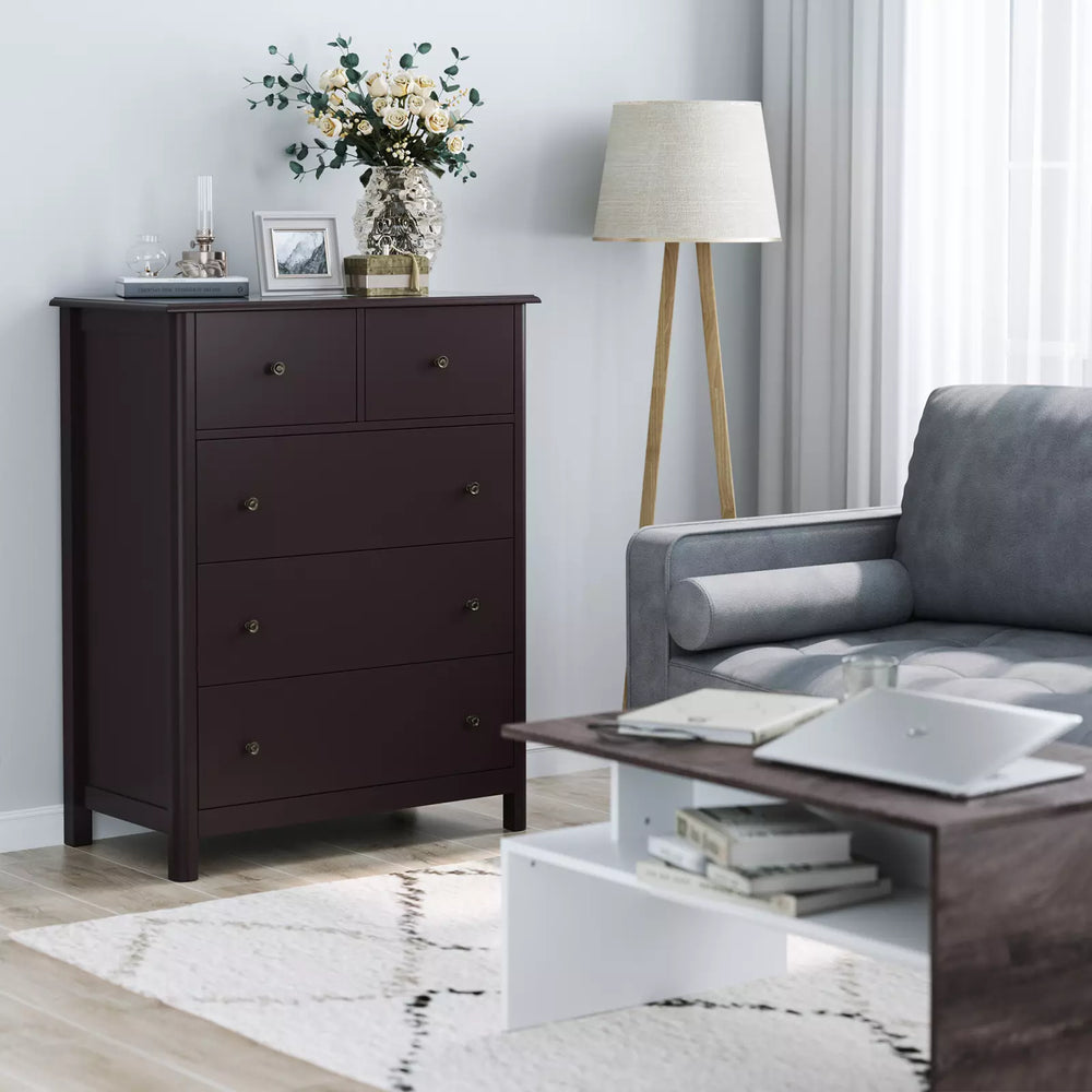 Horizontal Dresser, Brown Dresser of 5 Drawers for Bedroom