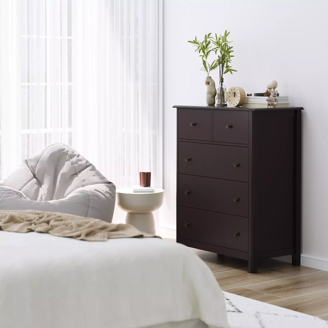 Horizontal Dresser, Brown Dresser of 5 Drawers for Bedroom