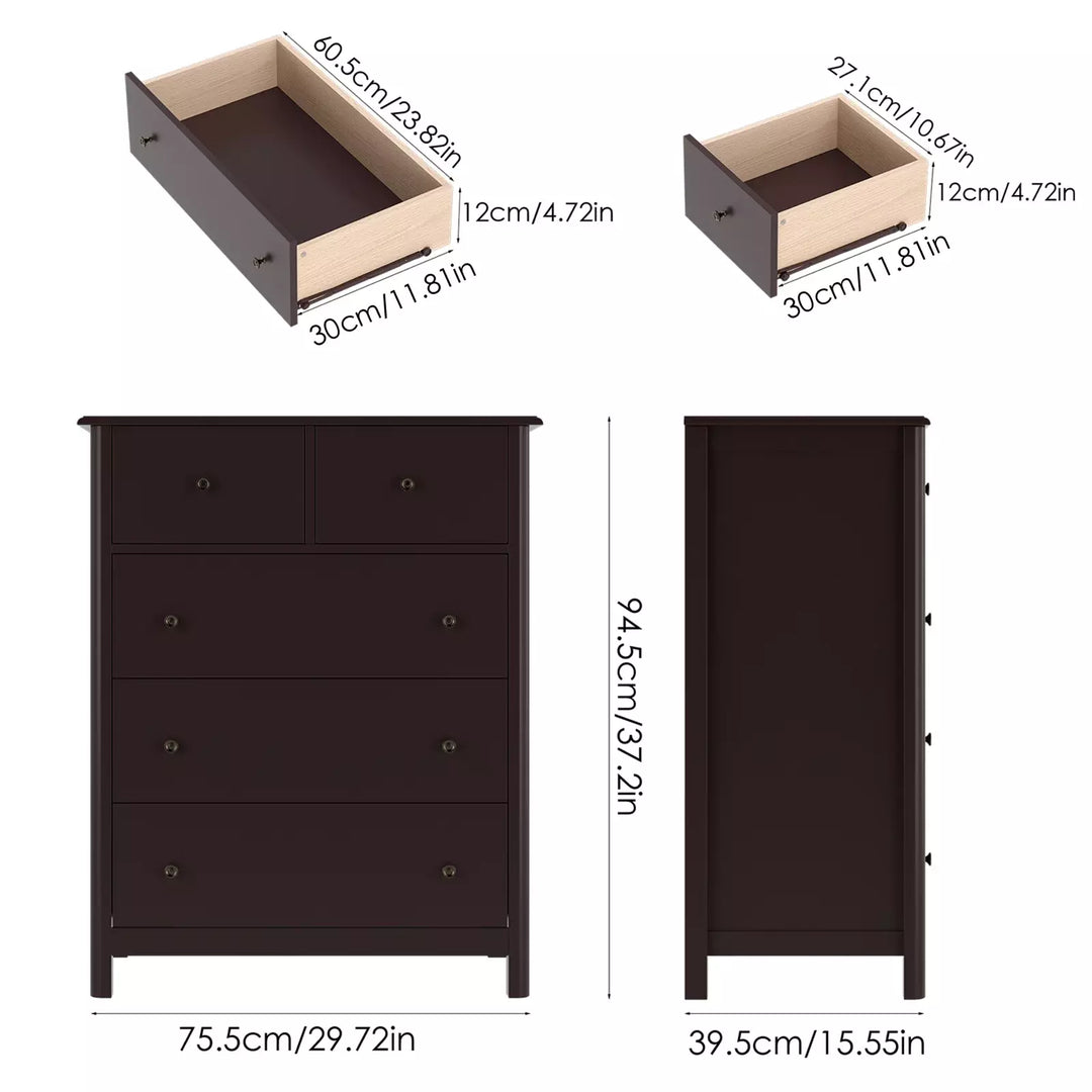 Horizontal Dresser, Brown Dresser of 5 Drawers for Bedroom