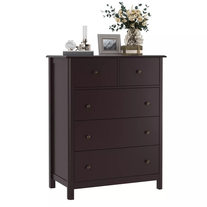 Horizontal Dresser, Brown Dresser of 5 Drawers for Bedroom