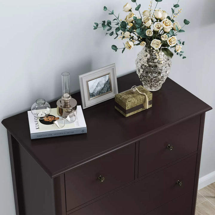 Horizontal Dresser, Brown Dresser of 5 Drawers for Bedroom