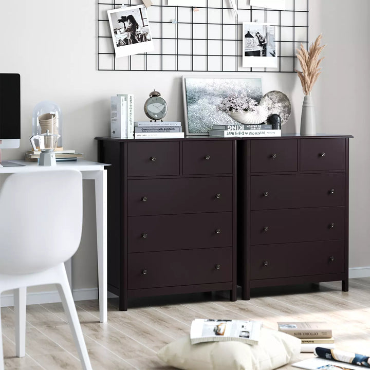 Horizontal Dresser, Brown Dresser of 5 Drawers for Bedroom