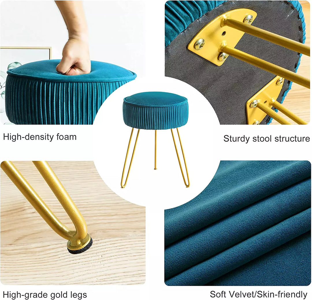 Velvet Upholstered Vanity Stool with Metal Legs for Living Room