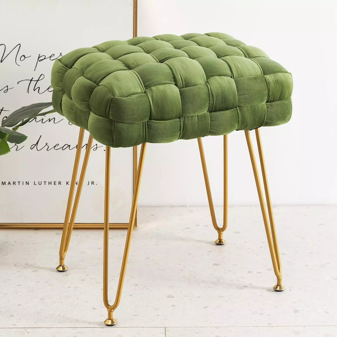 Velvet Vanity Stool, Foot Stool with Gold Metal Legs and Padded Seat