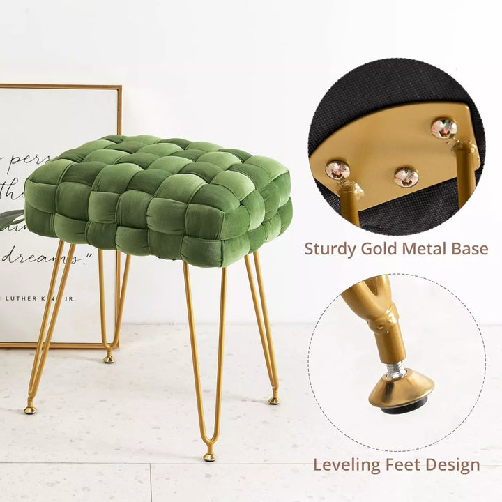 Velvet Vanity Stool, Foot Stool with Gold Metal Legs and Padded Seat