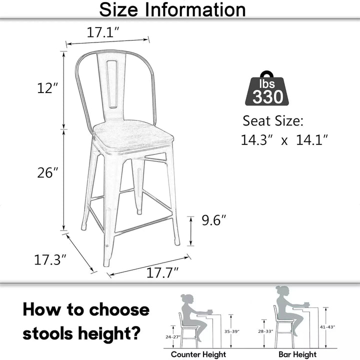 Industrial Metal Bar Stools Set of 4, 26 Inch Counter Height Barstools