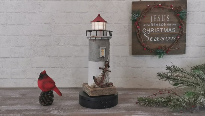 Wooden Lighthouse Decor with Light, Decorative Nautical Lighthouse