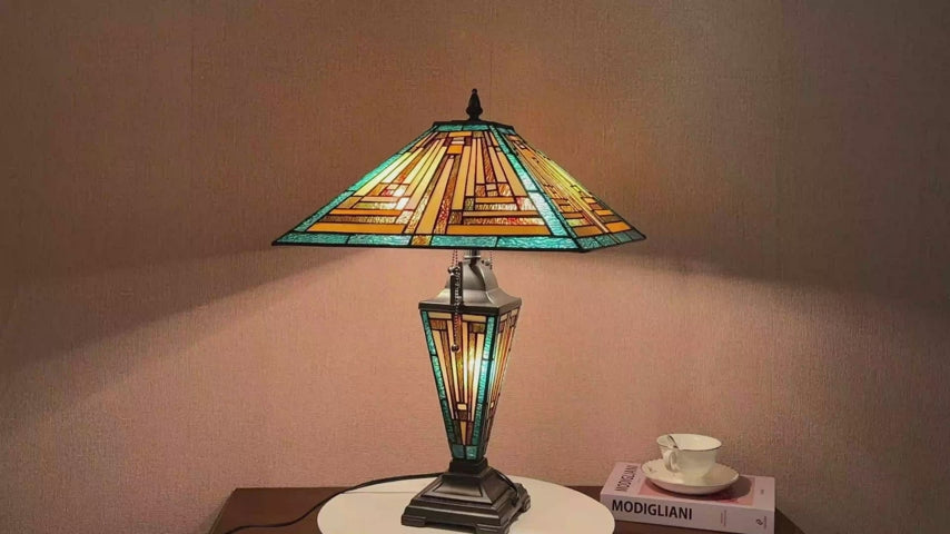 Antique Style Desk Lamp with Stained Glass and Nightlight Feature