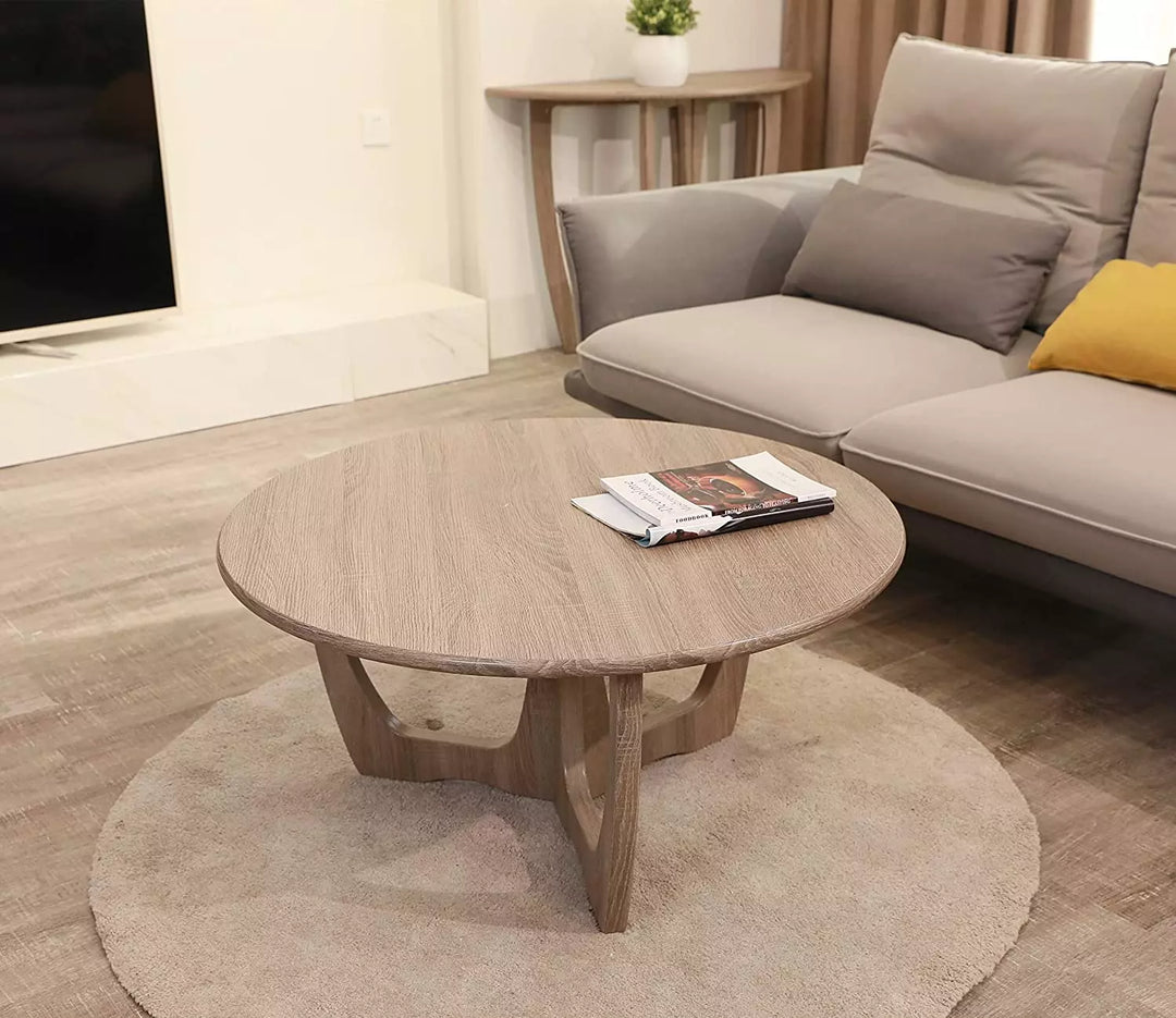 Wooden Round Coffee Table with Curved Leg