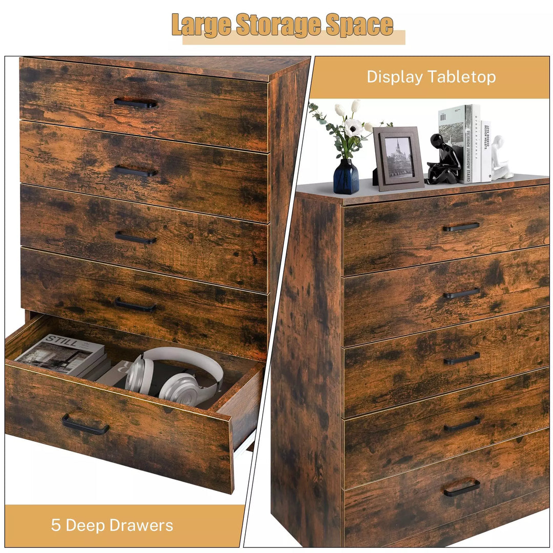 Rustic 5 Drawer Dresser, Chest of Drawers for Bedroom, Modern Cabinet