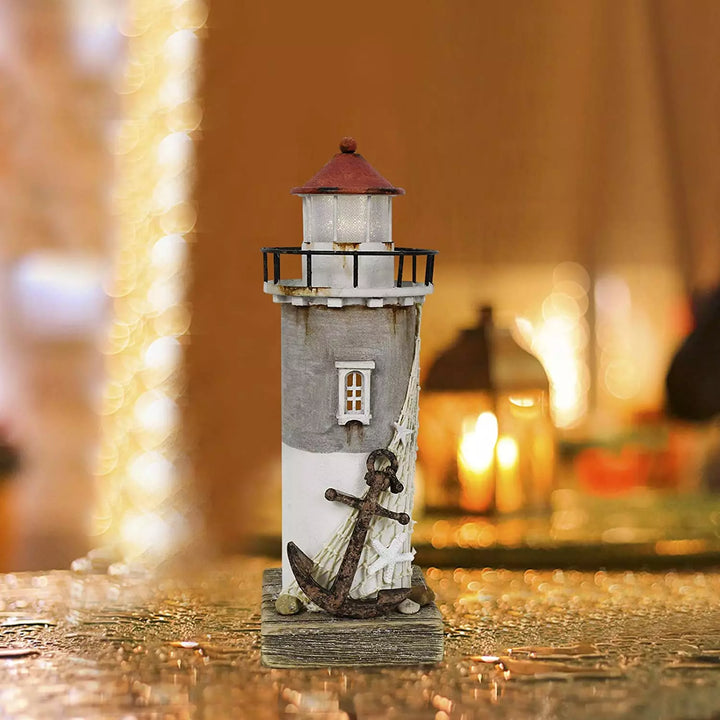 Wooden Lighthouse Decor with Light, Decorative Nautical Lighthouse