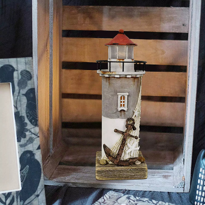 Wooden Lighthouse Decor with Light, Decorative Nautical Lighthouse